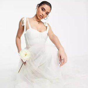 Lace & Beads Bridal tie shoulder corset tulle maxi dress in ivory